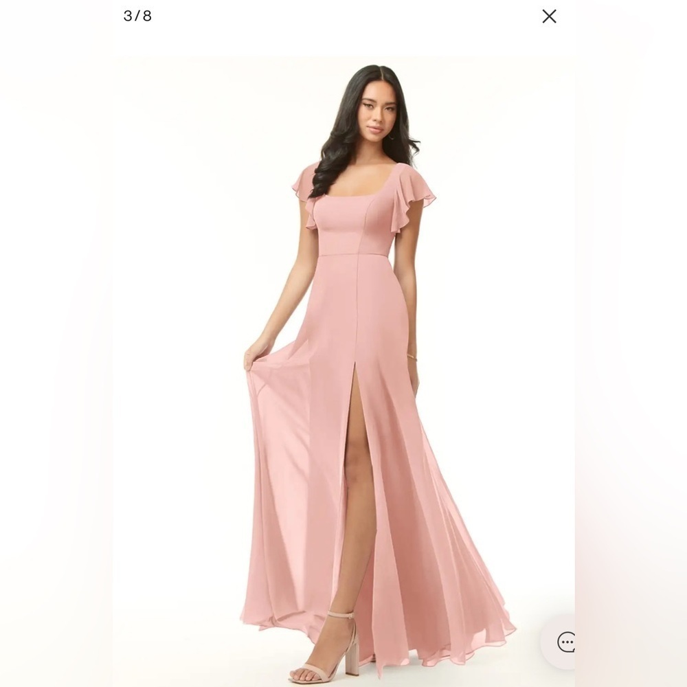 Azazie Bondi Pink Maxi Gown Rosette A-Line Ruffled Chiffon Dress size A6